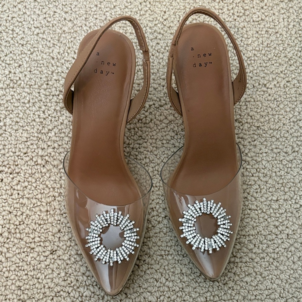 A New Day tan and clear heels